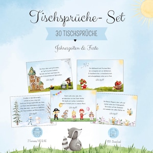 Puede incluir: Un conjunto de 30 tarjetas de oraciones de mesa titulado Tischsprüche-Set, con ilustraciones de estaciones y festividades. Las tarjetas incluyen texto en alemán, gráficos coloridos en acuarela de personajes como una bruja, gnomo y abejas, en PDF.