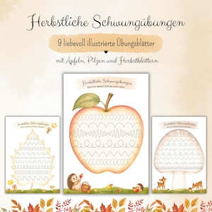 Könnte beinhalten: Neun pädagogische Übungsblätter mit dem Titel "Herbstliche Schwungübungen", die herbstliche Illustrationen von Äpfeln, Pilzen und Blättern zeigen. Jede Seite enthält gepunktete Linien zum Nachspuren, verziert mit kleinen Igeln und Rehen.