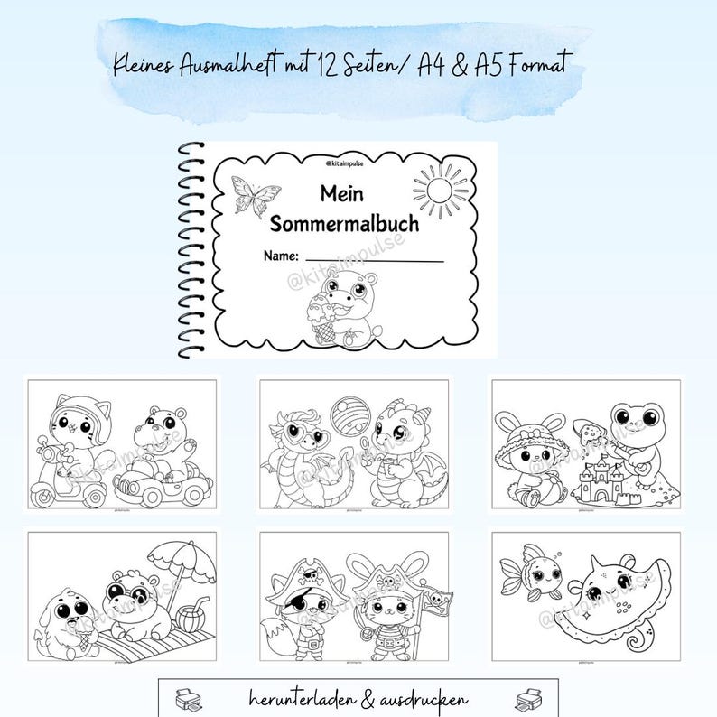 以下が含まれることがあります： 「Mein Sommermalbuch」というタイトルの、ドイツ語で「Name:」と書かれた、スパイラル綴じの塗り絵。表紙にはアイスクリームを食べるクマが描かれています。下には、様々な漫画の動物が描かれた6つの塗り絵ページがあります。