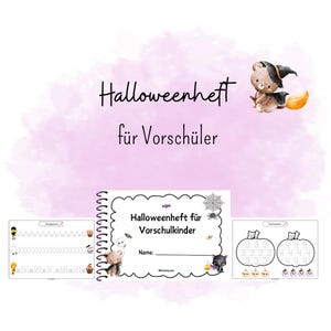 Pode incluir: Um livro de exercícios com tema de Halloween para crianças em idade pré-escolar. A capa apresenta um livro com espiral com o título "Halloweenheft für Vorschulkinder" e ilustrações de um urso com chapéu de bruxa, um fantasma, uma teia de aranha e um gato preto. Páginas adicionais mostram exercícios de rastreamento e contagem.