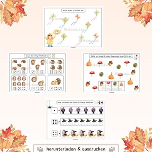 May include: Educational worksheets with autumn-themed illustrations. The worksheets feature counting exercises with kites, dice, hedgehogs, pumpkins, mushrooms, acorns, and witch characters. The text includes German instructions and the phrase "herunterladen & ausdrucken".