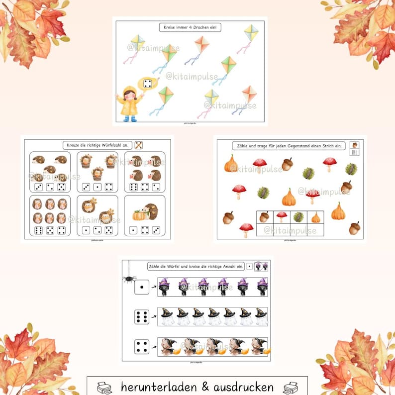 May include: Educational worksheets with autumn-themed illustrations. The worksheets feature counting exercises with kites, dice, hedgehogs, pumpkins, mushrooms, acorns, and witch characters. The text includes German instructions and the phrase "herunterladen & ausdrucken".
