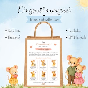 Könnte beinhalten: Eine braune Papiertragetasche mit einer aufgedruckten Karte mit dem Titel Kleine Eingewöhnungs-NOTFALLTÜTE. Die Karte enthält deutschen Text, Illustrationen von Zeichentrickmäusen und listet Notfalltüte, Elternbrief, Geschichte und DIY-Bilderbuch auf.