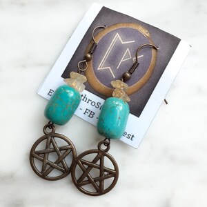 Witch Strega Star Earrings Purple Glass Handmade Earrings Wicca Pagan Bronze Pentacle Earrings Spirit Purple Glass Bronze Earrings