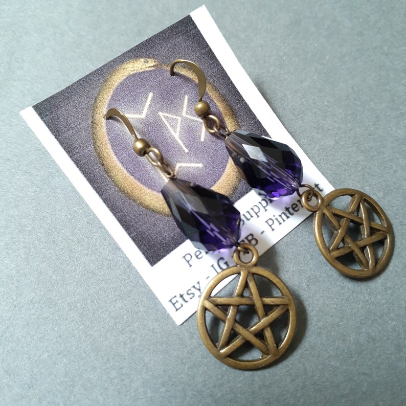 Witch Strega Star Earrings Purple Glass Handmade Earrings Wicca Pagan Bronze Pentacle Earrings Spirit Purple Glass Bronze Earrings