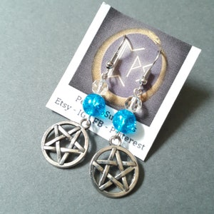Witch Strega Star Earrings Purple Glass Handmade Earrings Wicca Pagan Bronze Pentacle Earrings Spirit Purple Glass Bronze Earrings
