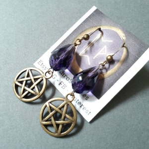 Witch Strega Star Earrings Purple Glass Handmade Earrings Wicca Pagan Bronze Pentacle Earrings Spirit Purple Glass Bronze Earrings