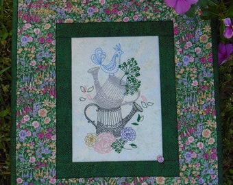 Floral Wallhanging / Watering Can Wall Art / Gardening Wall Art / Floral Quilt