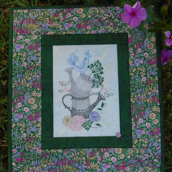 Floral Wallhanging / Watering Can Wall Art / Gardening Wall Art / Floral Quilt