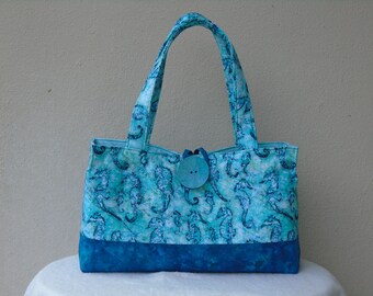 Seahorse Tote Bag / Aqua and Blue Quilted Bag Purse / Bingo Bag / Knitting Bag / Blue Two handle Bag