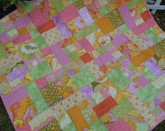 Pink and Green Floral Lap Quilt / Pink Baby Quilt / Throw Quilt