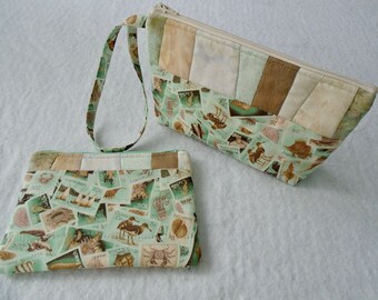 Green Quilted Wristlet Set / Wristlet and Zipper Coin Purse / Beach Wristlet / Zippered Pouch