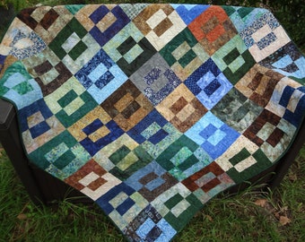 Blue and Green Lap Quilt / Earth Toned Lap Quilt / Cabin Quilt / Patchwork / Natural Comfort Quilt