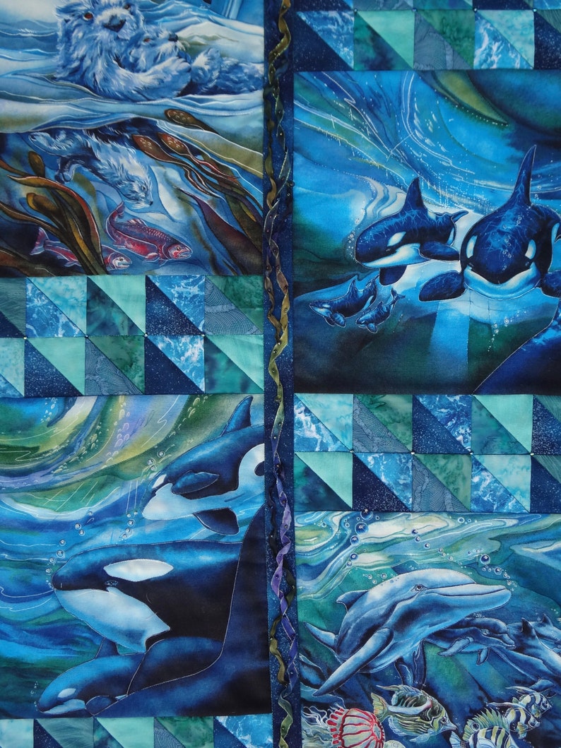Underwater Quilt / Ocean Wall Art / Whale Art Quilt / Otter Etsy