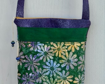 Green Cross Body Bag / Green and Purple Floral Shoulder Purse / Kindle Bag