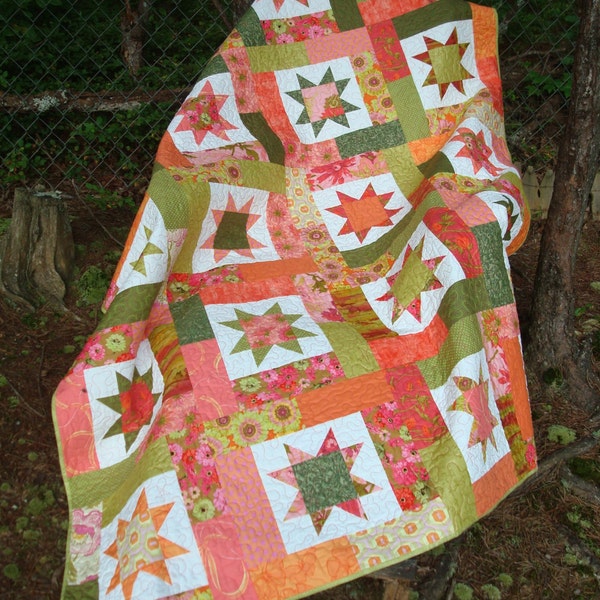 Pink Orange and Green Floral Star Twin Quilt