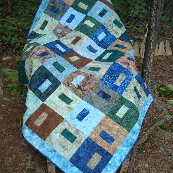 Blaue und grüne erdigen Batik Twin Bed Quilt