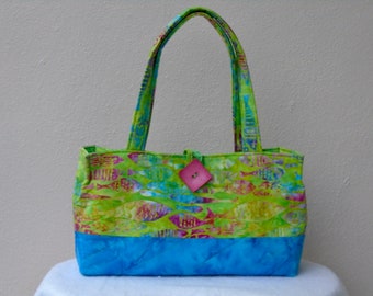Lime Green Quilted Tote / Tropical Bag / Fish Purse Bag
