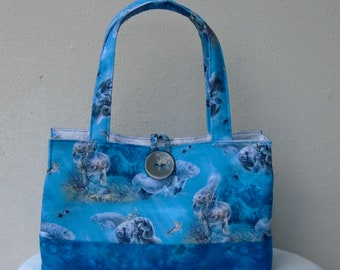 Manatee Tote Bag / Blue Manatee Purse / Bingo Bag / Blue Project Bag / Carryall / Knitting Bag / Manatee Quilted Purse