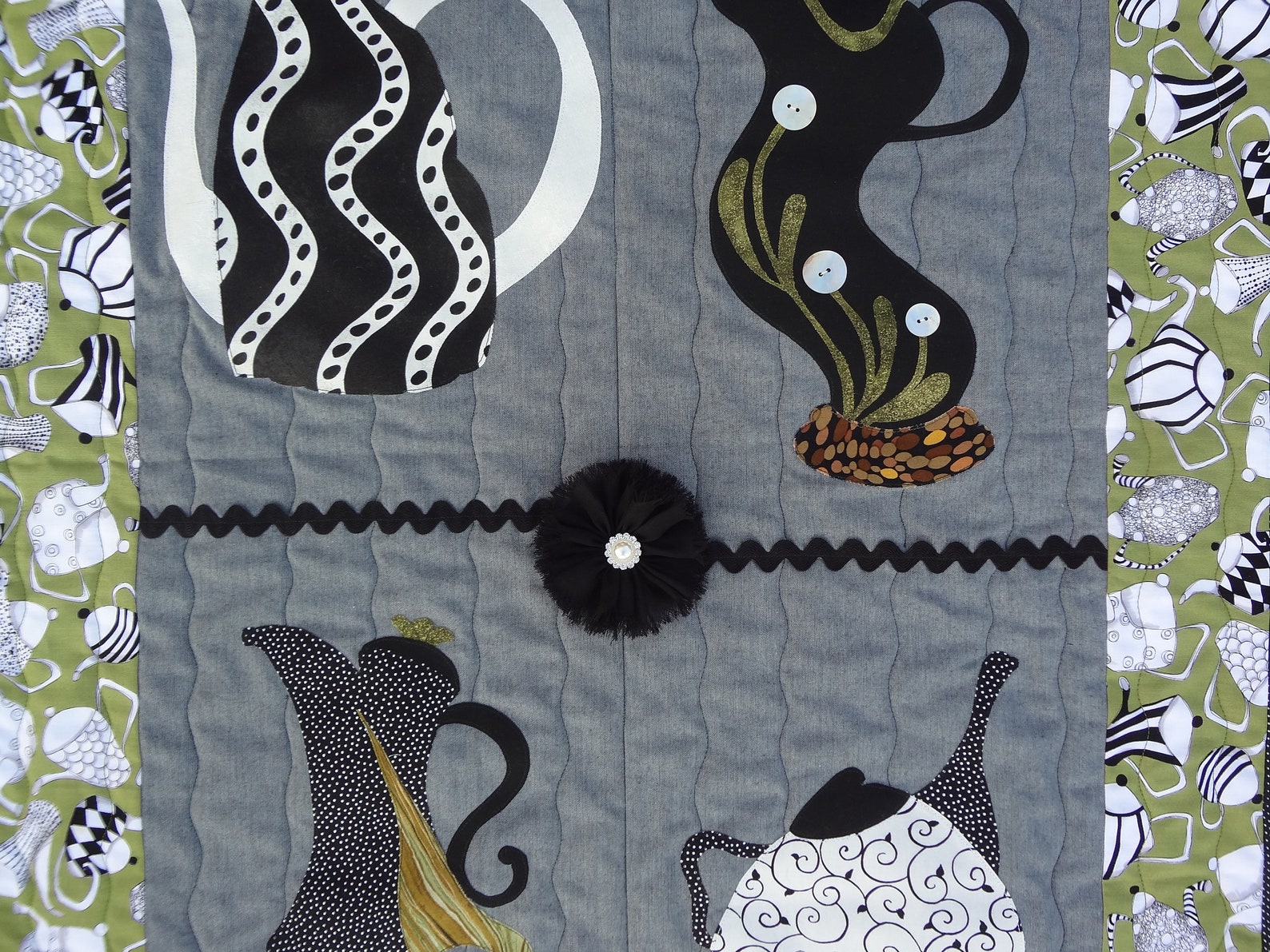 Coffee Pot Wall Hanging / Tea Pot Wall Hanging / Coffee and Tea Fiber Art / Black and White