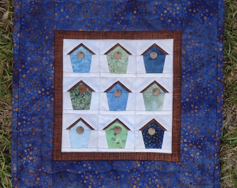 Bird House Wall Quilt / Blue and Green Quilt / Bird House Art / Garden Bird Houses