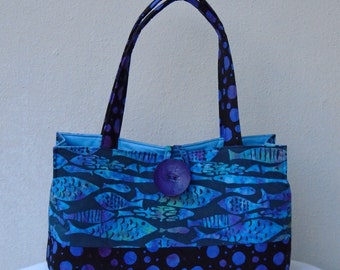 Black Blue and Purple Fish Purse / Quilted Fish Tote / Bingo Bag / Knitting Bag / Funky Fish Carryall