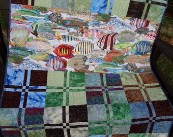 Blue Green and Brown Fish Quilt / Kaffe Fassett Fish Quilt / Fish Lap Quilt / Baby Quilt