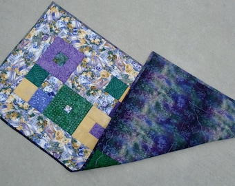 Butterfly Table Runner / Tea Cup Table Runner / Purple Gold and Green Table Runner / Quilted Table Runner