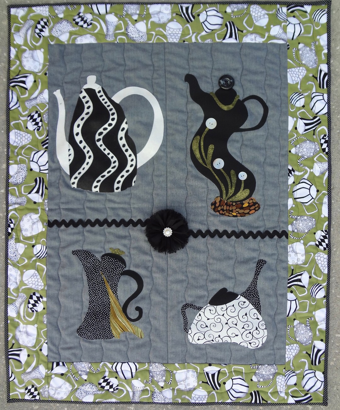 Coffee Pot Wall Hanging / Tea Pot Wall Hanging / Coffee and Tea Fiber Art / Black and White