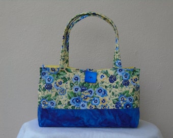 Yellow and Blue Pansy Tote Bag / Pansy Purse / Bingo Bag / Knitting Bag / Quilted Carryall