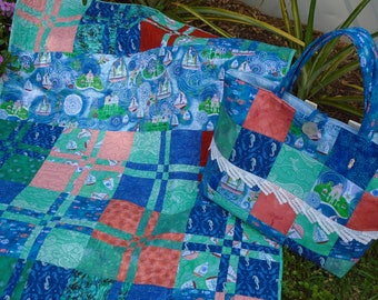 Blue and Green Beach Quilt and Bag / Nautical Quilt and Bag / Sailboat Quilt and Bag / Baby Quilt and Bag