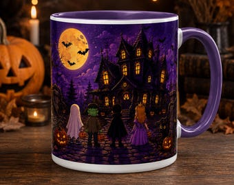 Halloween Haunted House Mug, Trick or Treat Coffee Mug, Spooky Cute Halloween Cup, Purple Fall Mug, Halloween Gift