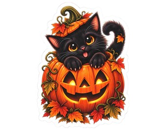 Pegatina de calabaza con gato negro adorable, pegatina de gato de Halloween, pegatina de calabaza de Halloween, calcomanía de vinilo de gato espeluznante, lindo regalo de Halloween