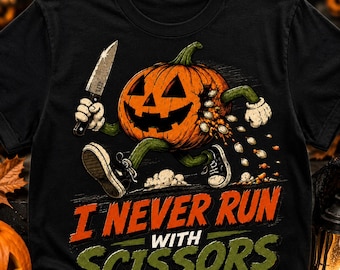 Lustiges Halloween-Shirt, Kürbis-T-Shirt, „Ich renne nie mit einer Schere“-T-Shirt, Retro-Kürbis-Shirt, Vintage-Halloween-T-Shirt mit Grafik