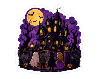 Haunted House Halloween Sticker, Trick or Treat Sticker, Spooky Cute Halloween Decal, Black Cat Ghost Vampire Fall Sticker