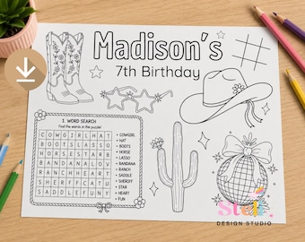 Cowgirl Birthday Coloring Page, Kids Activity, Party Favor (Digital Download)