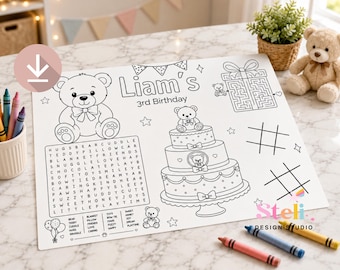 teddy Bear Coloring Page, Birthday Activity, Kids Party Favor (Digital Download)