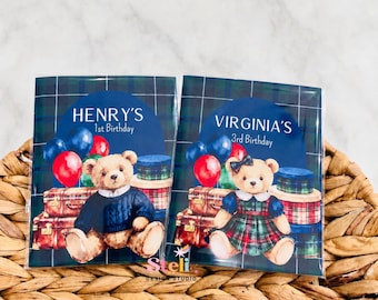 Personalized Teddy Bear Coloring Book, Tartan Plaid Baby Shower Favor (5 Crayons)