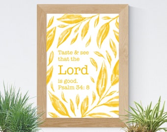 Taste and See that the Lord is Good Gold | Bible Verse Print | Scripture Print | Typographic Print | Inspirational Print | Watercolor Leaves