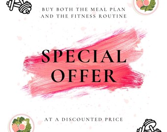 Op de afbeelding: Een roze en witte afbeelding met de tekst "KOOP ZOWEL HET ETENSPLAN ALS DE FITNESSROUTINE" en "SPECIALE AANBIEDING TEGEN EEN KORTINGSPRIJS". De afbeelding bevat ook twee zwart-witte pictogrammen van dumbbells en twee groen-witte pictogrammen van een kom salade.