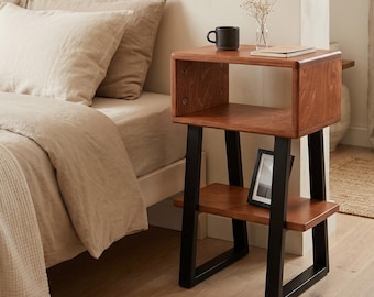 Mesa de cabeceira de madeira, mesa de cabeceira moderna, mesa lateral pequena, mesa lateral rústica de madeira, móveis para quarto, feita à mão