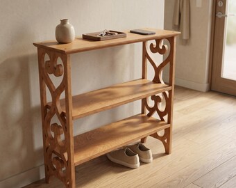Handmade Wooden Console Table – 3 Tier Decorative Entryway Organizer with Laser-Cut Side Panels