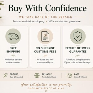 May include: An advertisement with the headline "Buy With Confidence" and supporting text. The image highlights free shipping, no surprise customs fees, and a secure delivery guarantee. Additional icons represent secure, reliable, and fast service.