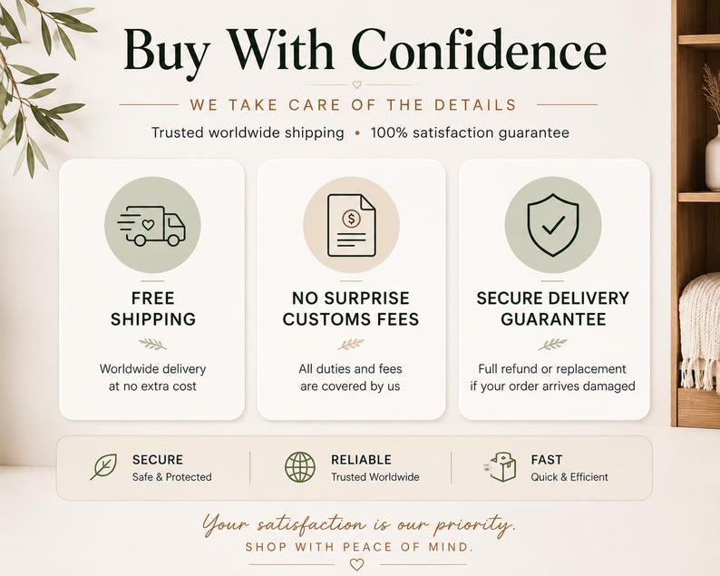 May include: An advertisement with the headline "Buy With Confidence" and supporting text. The image highlights free shipping, no surprise customs fees, and a secure delivery guarantee. Additional icons represent secure, reliable, and fast service.