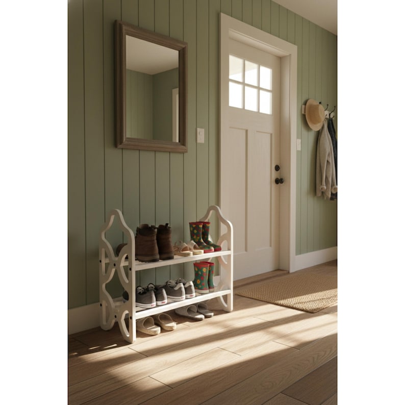 May include: A white, two-tiered shoe rack with an ornate design, holding various shoes and boots. The rack is positioned in a hallway with a green wall, a mirror, and a white door. The floor is made of wood.