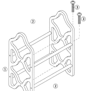 May include: Line drawing of a shoe rack with two side panels, horizontal bars, screws, and an Allen wrench. The shoe rack is made of wood and has an open design. The screws and wrench are separate from the rack, suggesting assembly is required.
