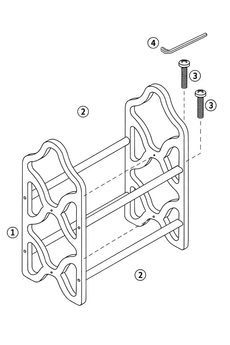 May include: Line drawing of a shoe rack with two side panels, horizontal bars, screws, and an Allen wrench. The shoe rack is made of wood and has an open design. The screws and wrench are separate from the rack, suggesting assembly is required.