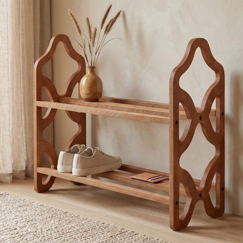 May include: A two-tiered wooden shoe rack with a decorative cutout design on the sides. The rack holds a pair of beige sneakers, a small leather wallet, and a ceramic vase with dried plants. The wood has a warm, natural finish.