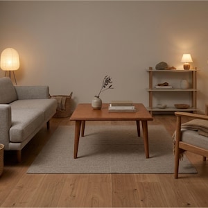 Puede incluir: Una sala de estar con un sofá gris claro, una mesa de centro de madera con un pequeño jarrón y libros, un sillón de madera con una manta beige, una estantería de madera de tres niveles con objetos decorativos y dos lámparas de pie con pantallas de papel.