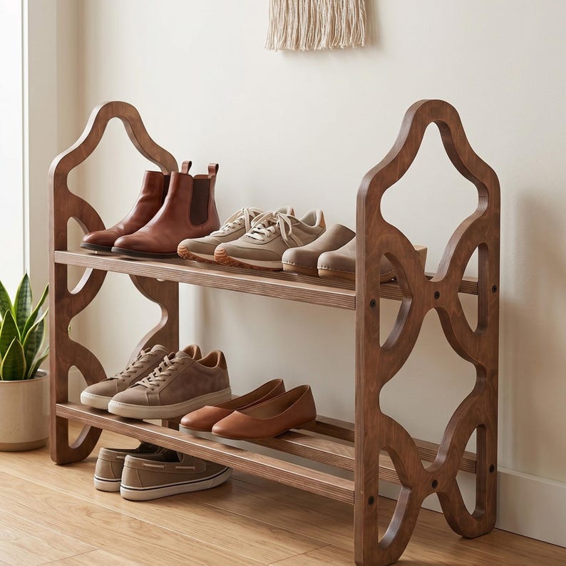 May include: A two-tiered, dark brown wooden shoe rack with an open, decorative design. The rack holds various pairs of shoes, including brown leather boots, sneakers, and flats. The rack is placed against a neutral wall.